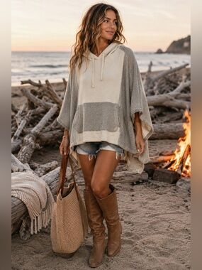 Roxy Summer Surf Oversized Poncho Hoodie Cream Gray M/L Women’s Beach Cover Up Z